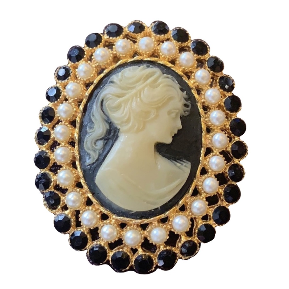 Vintage large cameo brooch pearl black rhinestone